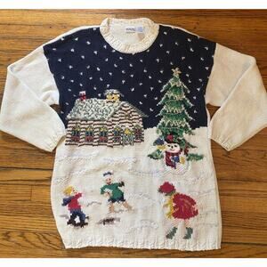 Vintage Embroidered Sweater Women’s XL Chunky Winter Snow